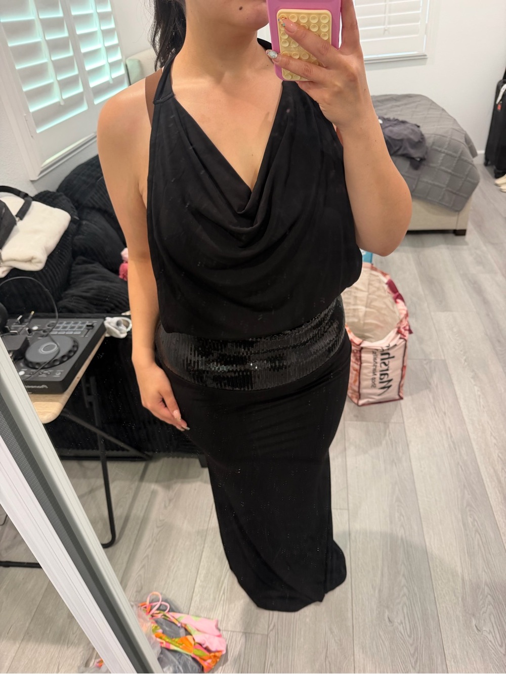 Black Halter Cowl Neck Evening Dress with Sequin Waist
